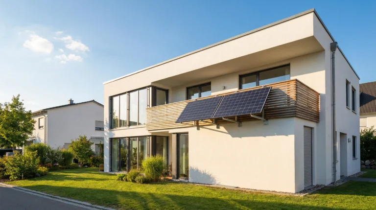 Balkonkraftwerk kaufen: Einfamilienhaus mit korrekt montierten Solarmodulen am Balkon